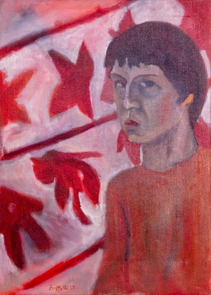 Autoritratto con fondo bianco e rosso