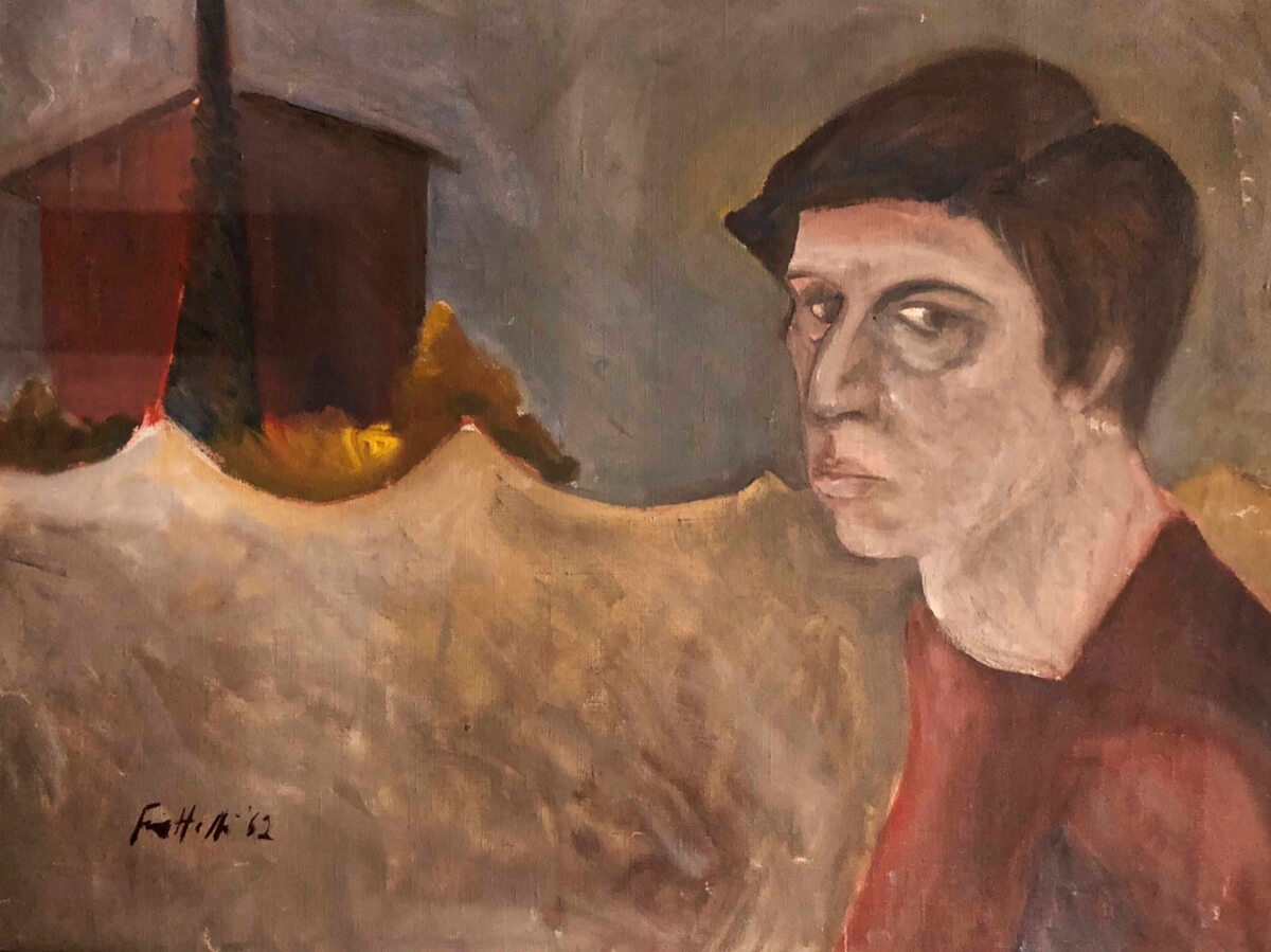 Autoritratto con casa rossa e muro